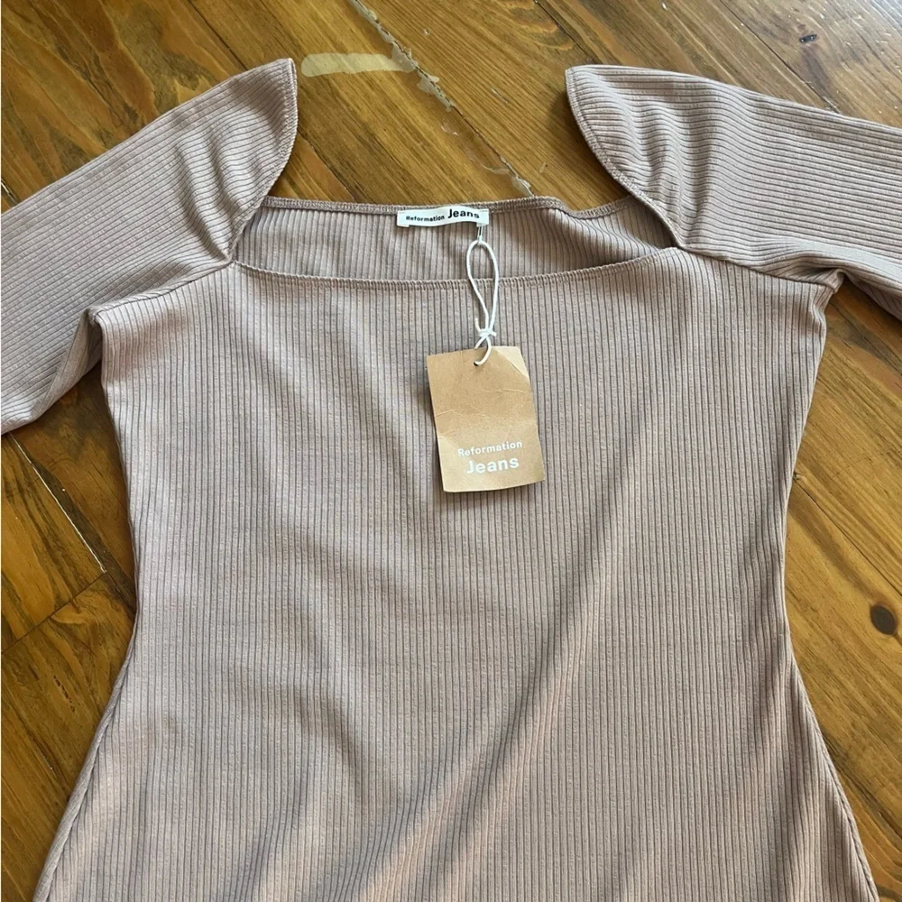 Reformation NEW Tan Sarita Dress Knit Ribbed Square Neck L Mini‎ Dress Bodycon